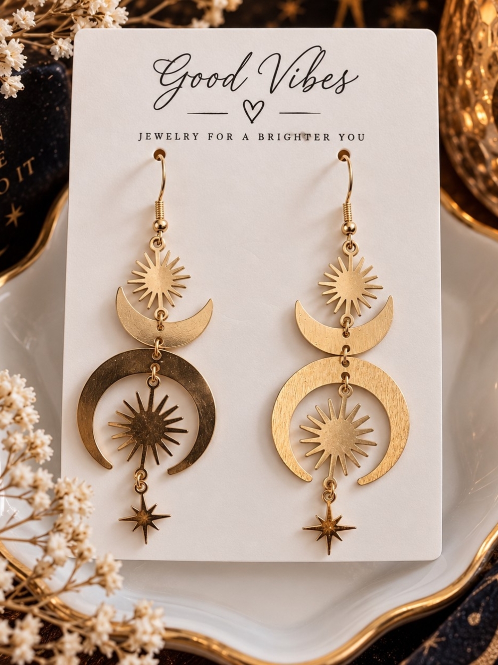 Gold Tone Metal Celestial Moon Star Sunburst Dangle Drop Earrings New
